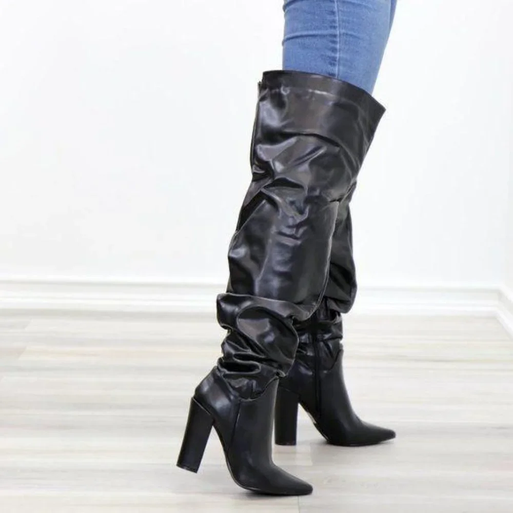 Black Synthetic Leather Thigh High Trendy Boots - Picture 7 of 15